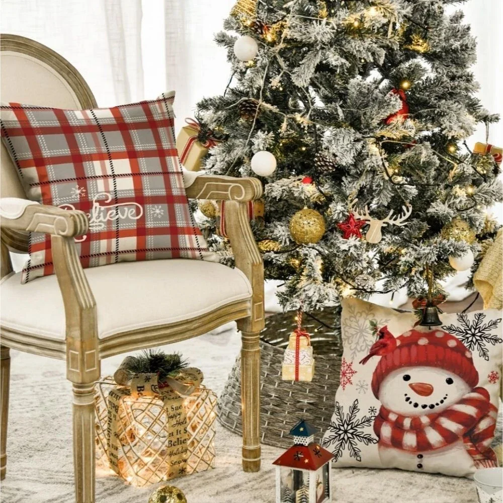 Set of 4 Throw Pillow Covers Snowman, Joy, Believe, Christmas Trees 18